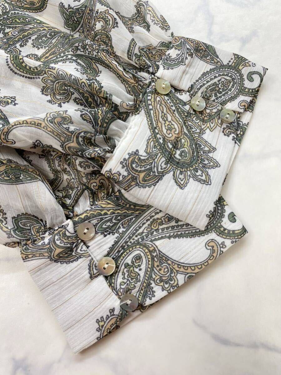 ZARA ザラ★タグ付き未使用★大人素敵★金糸入り ペイズリープリント 総柄 シフォン シャツ ブラウス★カーキ×白系 Sサイズ 1010_画像7