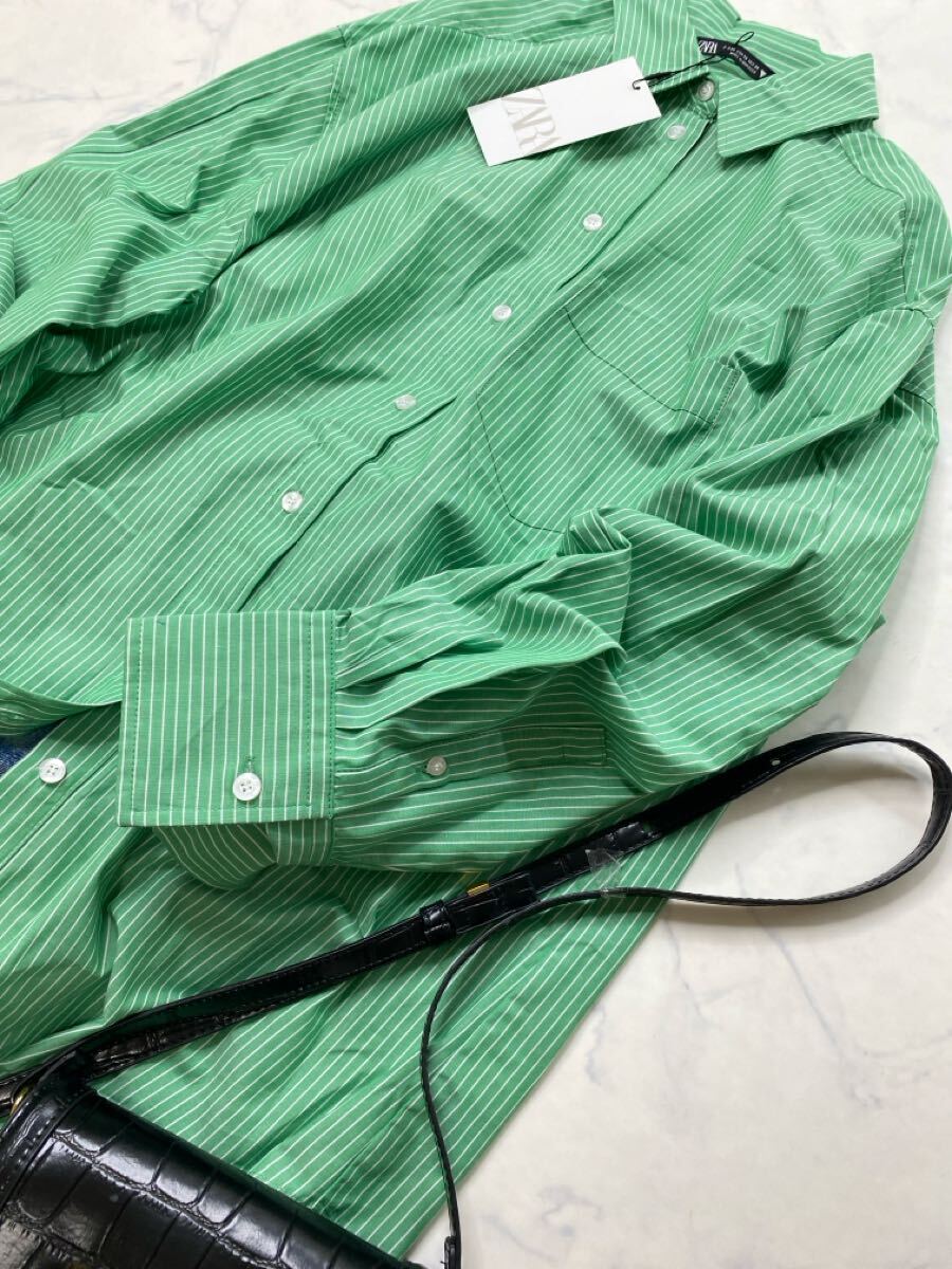 ZARA ザラ★タグ付き未使用★大人可愛い★ゆったり オーバーサイズ ストライプ柄 シャツ トップス★グリーン Sサイズ 1031_画像3