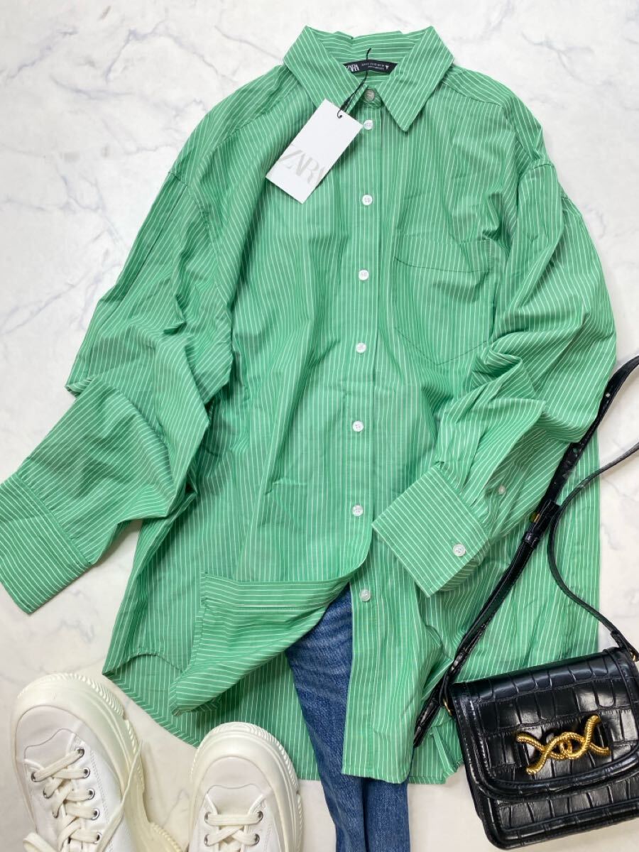 ZARA ザラ★タグ付き未使用★大人可愛い★ゆったり オーバーサイズ ストライプ柄 シャツ トップス★グリーン Sサイズ 1031_画像4