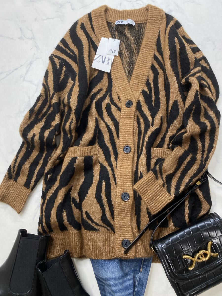 ZARA ザラ★タグ付き未使用★大人素敵★ゆったり ウール混 ロング丈 ゼブラ柄アニマル ニットカーディガン★Mサイズ 1036_画像5