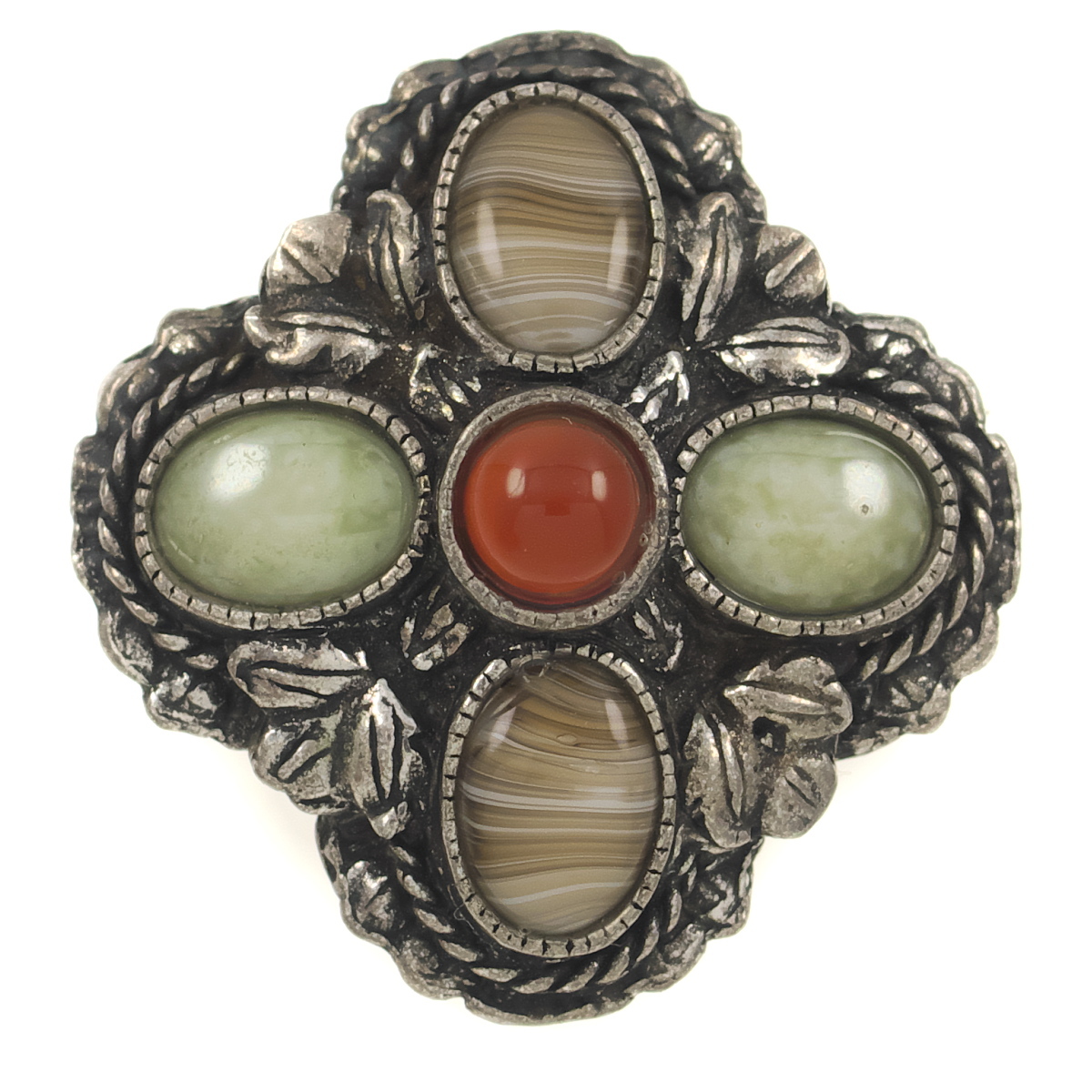 UK4239◆【MIRACLE】◆ マーブル カボションストーン リーフモチーフ 色石 ミラクル 英国 ケルト ◆ ヴィンテージブローチ ◆_画像1