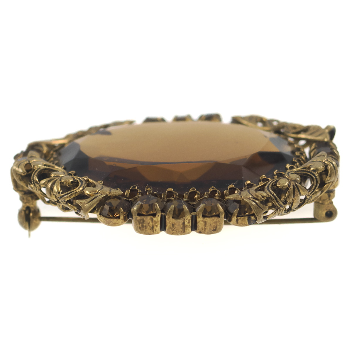 UK4293◆ ボタニカルモチーフ 大粒 ブラウン系ガラスストーン オーバルシェイプ 色石 英国 イギリス ◆ ヴィンテージブローチ ◆_画像2