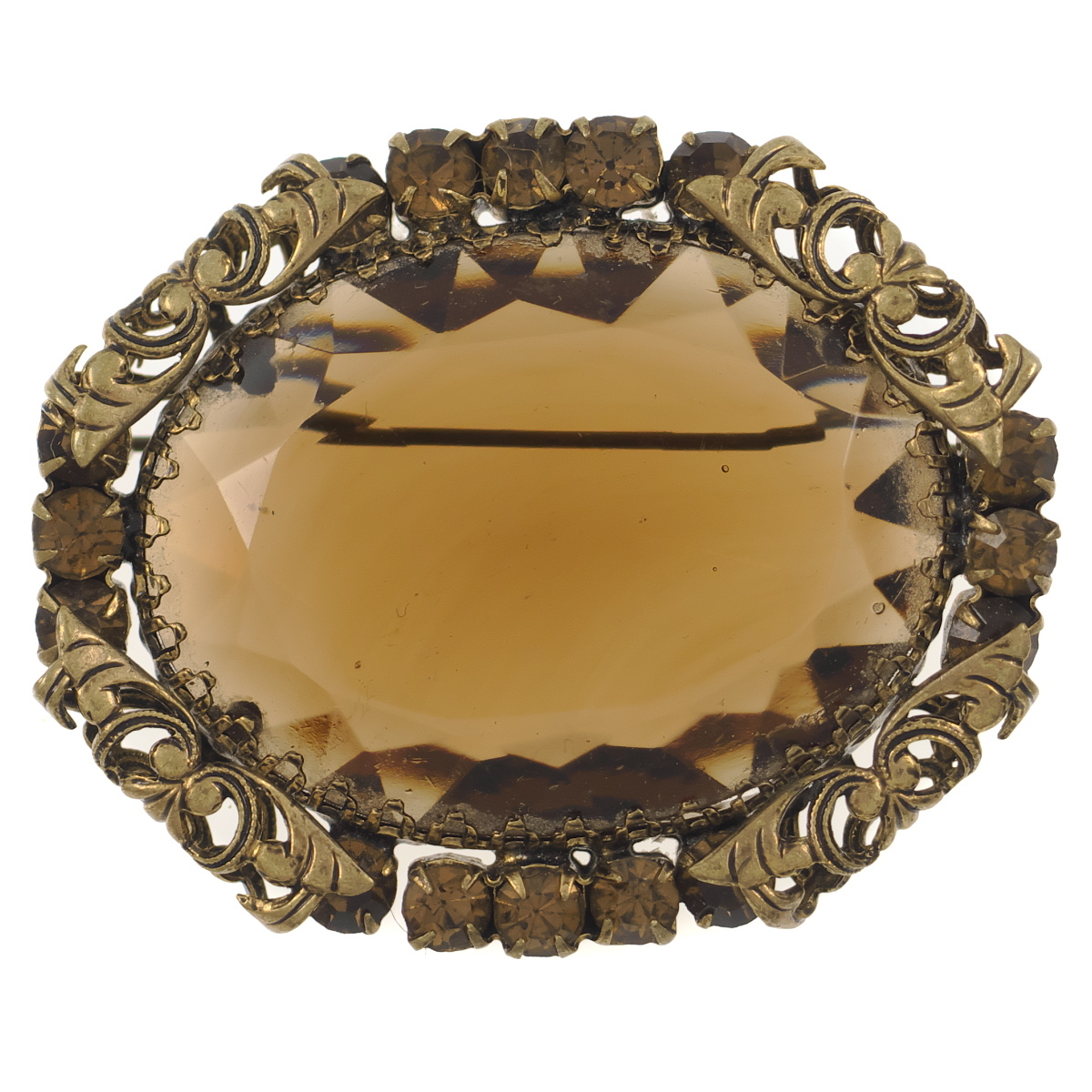 UK4293◆ ボタニカルモチーフ 大粒 ブラウン系ガラスストーン オーバルシェイプ 色石 英国 イギリス ◆ ヴィンテージブローチ ◆_画像1