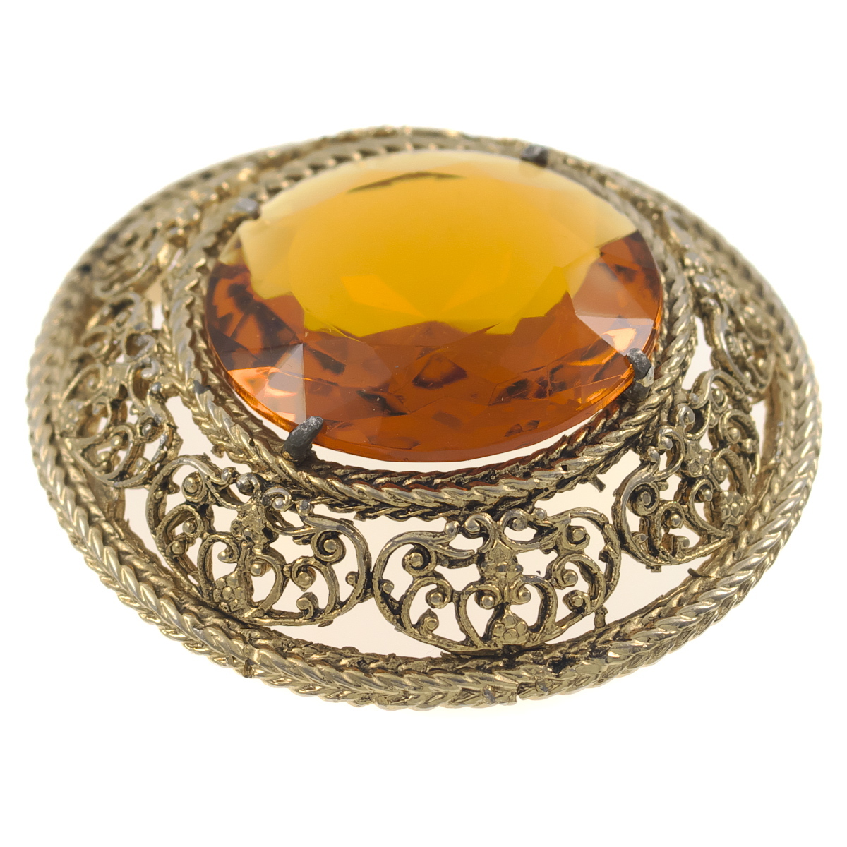 UK4309◆ 大ぶり ラウンド アンバー系 ガラスストーン フラワーモチーフ 色石 英国 イギリス ◆ ヴィンテージブローチ ◆_画像2