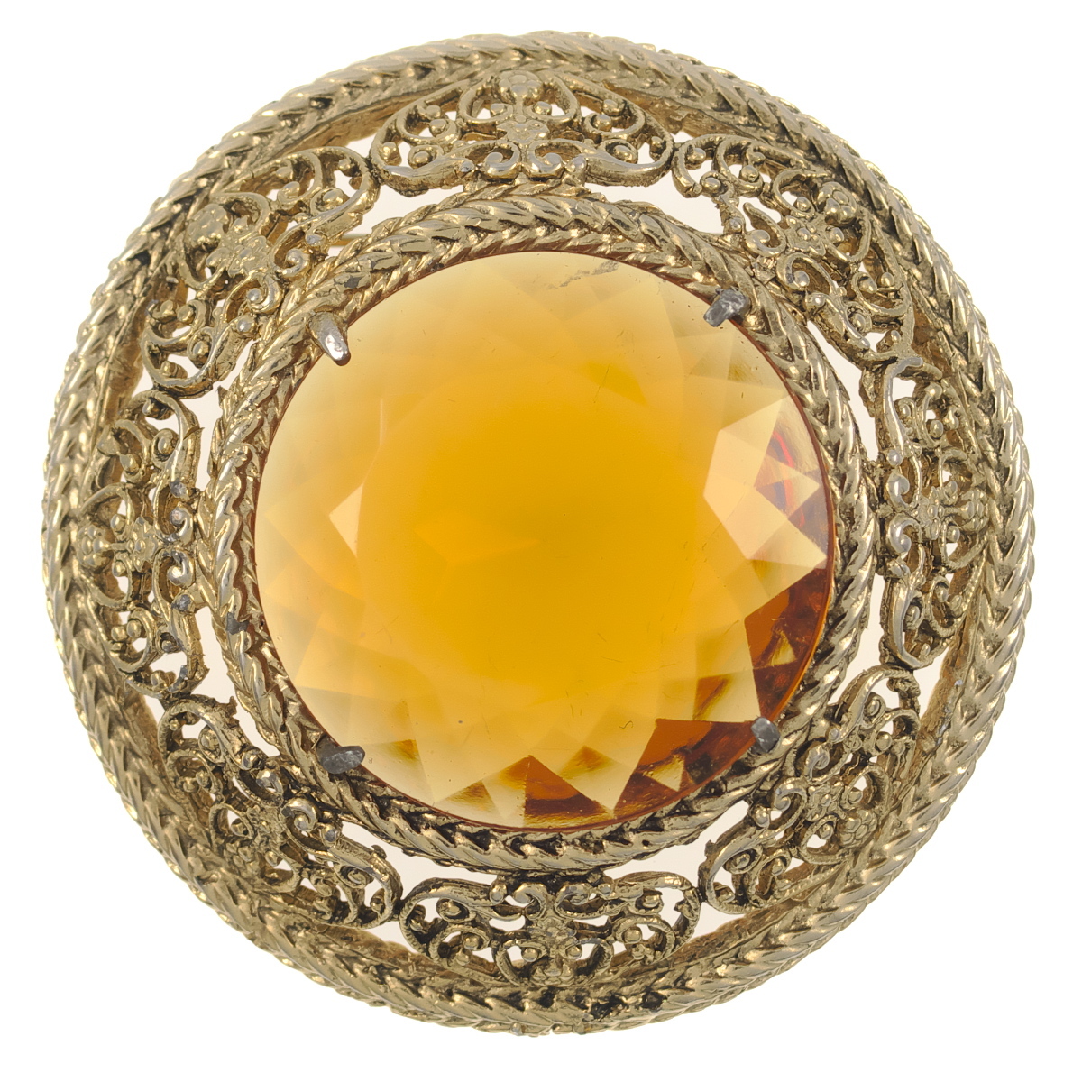 UK4309◆ 大ぶり ラウンド アンバー系 ガラスストーン フラワーモチーフ 色石 英国 イギリス ◆ ヴィンテージブローチ ◆_画像1