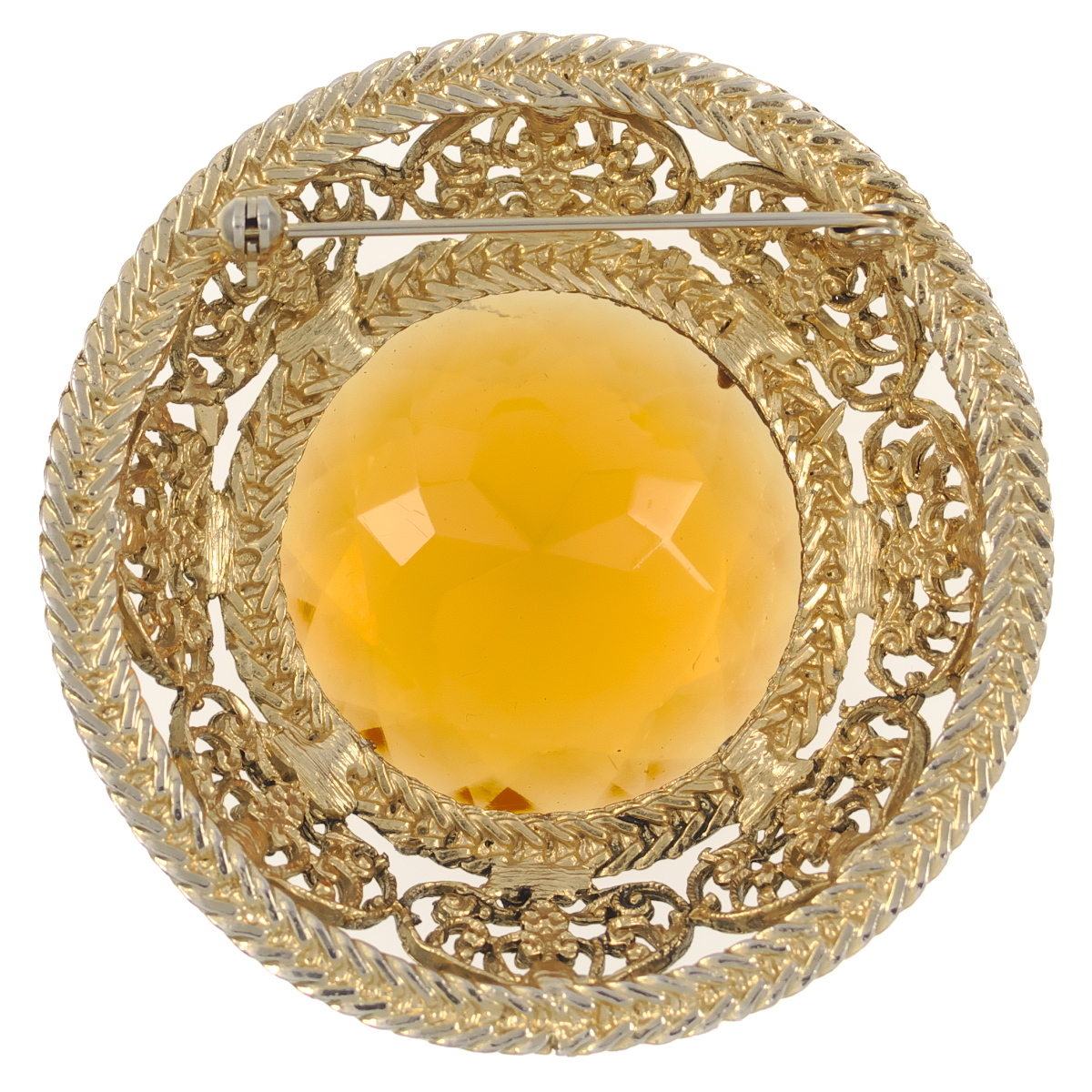 UK4309◆ 大ぶり ラウンド アンバー系 ガラスストーン フラワーモチーフ 色石 英国 イギリス ◆ ヴィンテージブローチ ◆_画像3