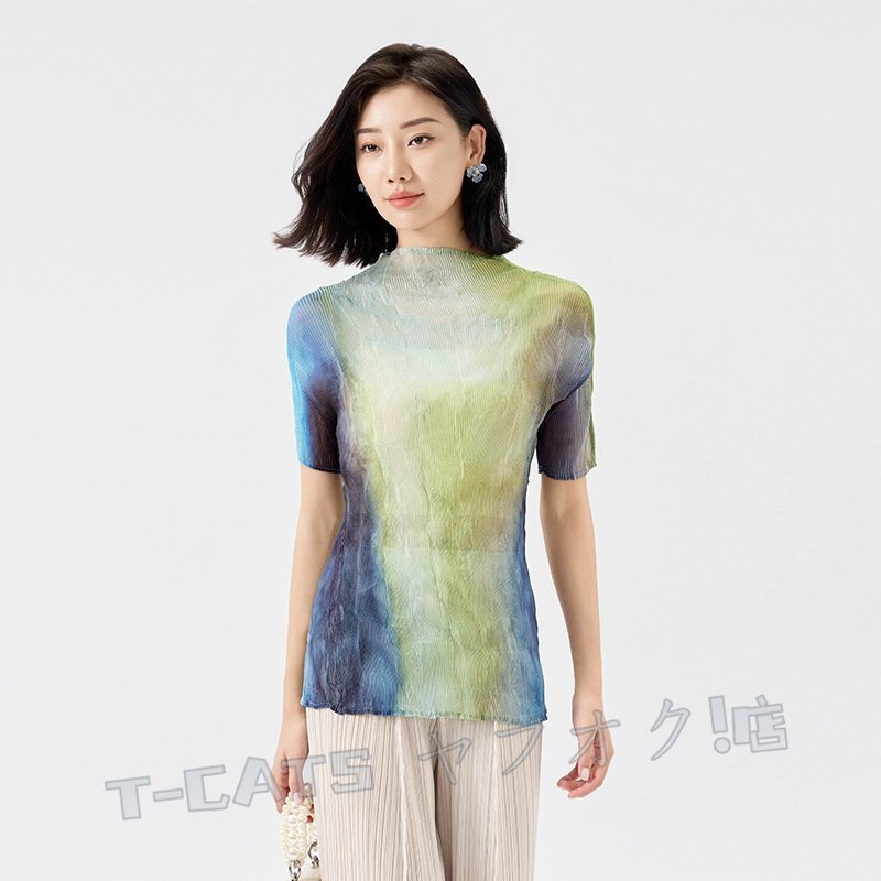 ☆新品 レディーストップスプリーツpLeatS 半袖シャツブラウス肌触り弾力ドレープ性がい い柔らかい合わせ安いブルー_画像3