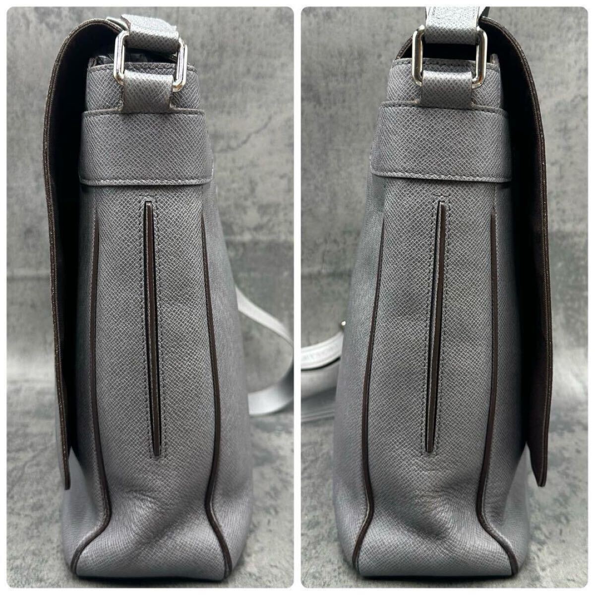 美品 ルイヴィトン LOUIS VUITTON ミロ メンズ メッセンジャーバッグ タイガ 斜め掛け A4 フラップ ショルダー レザー 灰 グレー M32631_画像5