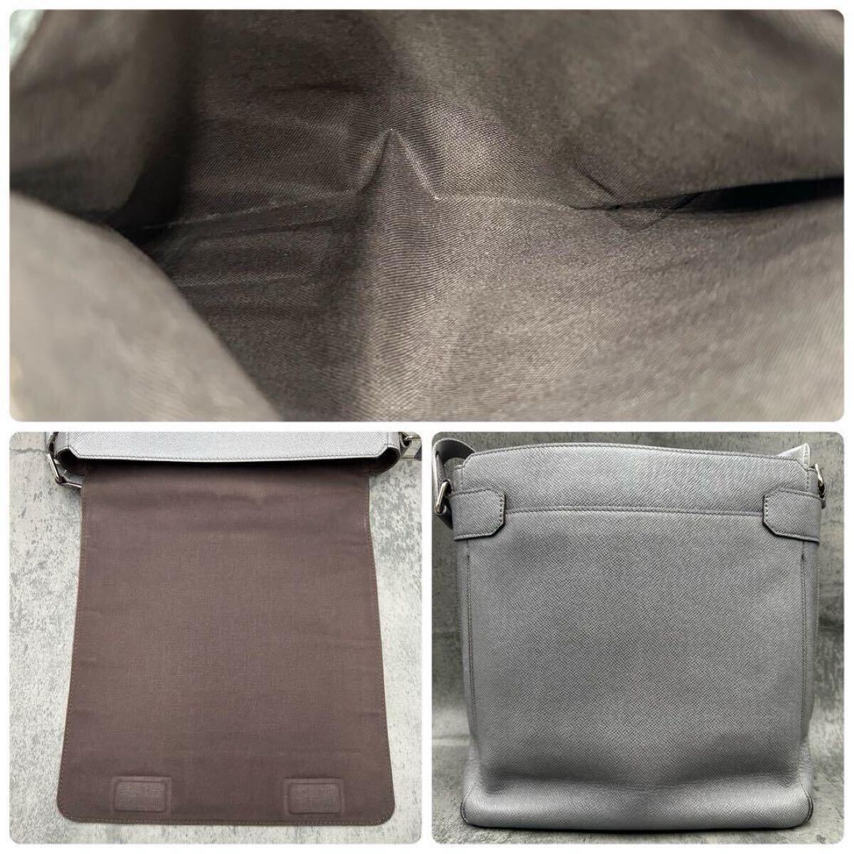 美品 ルイヴィトン LOUIS VUITTON ミロ メンズ メッセンジャーバッグ タイガ 斜め掛け A4 フラップ ショルダー レザー 灰 グレー M32631_画像8