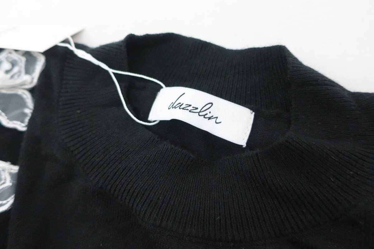 【送900円】2395 未着用品 dazzlin ダズリン ショルダーシアーニット バルーンスリーブ 花飾り パール 長袖 ブラック F _画像6