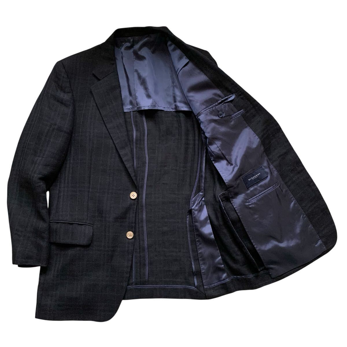 送料込！美品★BURBERRY LONDON バーバリーロンドン★チェック柄ウールリネンテーラードジャケット175/A6★_画像1