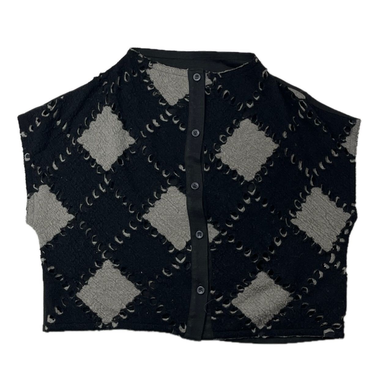 gemy garcon ジェミーギャルソン ノースリーブ ニット カーディガン ベスト ショート丈 アーガイル ボトルネック レディース ブラック 44_画像1