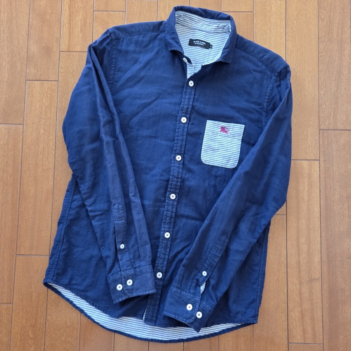 【美品】 BURBERRY BLACKLABEL バーバリー ブラックレーベル シャツ ネイビー ボーダー Mサイズ 2_画像2