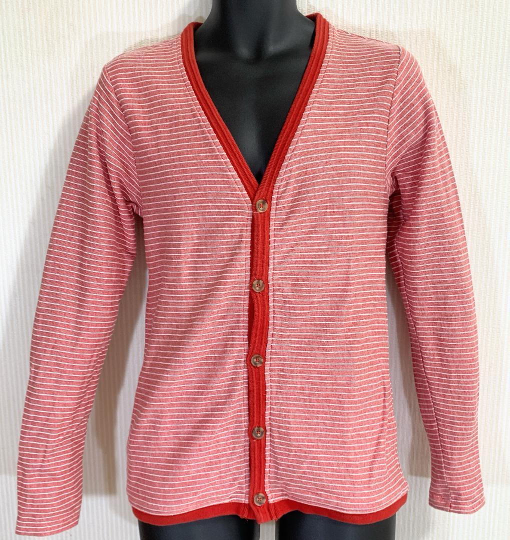 美品 ikka 古着 M ピンク赤白の細ボーダーカーディガン 羽織り 男女兼用_画像1