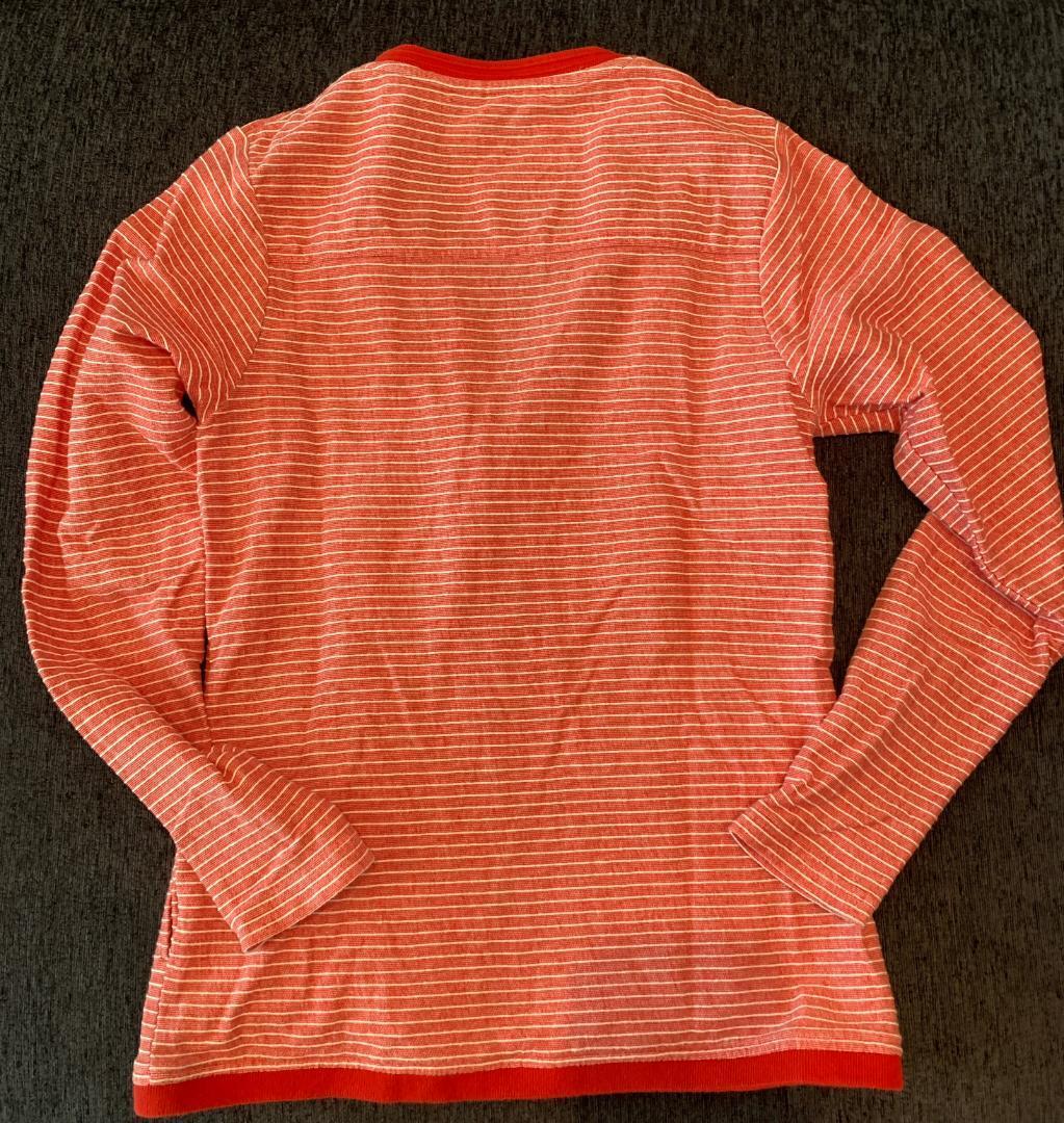 美品 ikka 古着 M ピンク赤白の細ボーダーカーディガン 羽織り 男女兼用_画像9