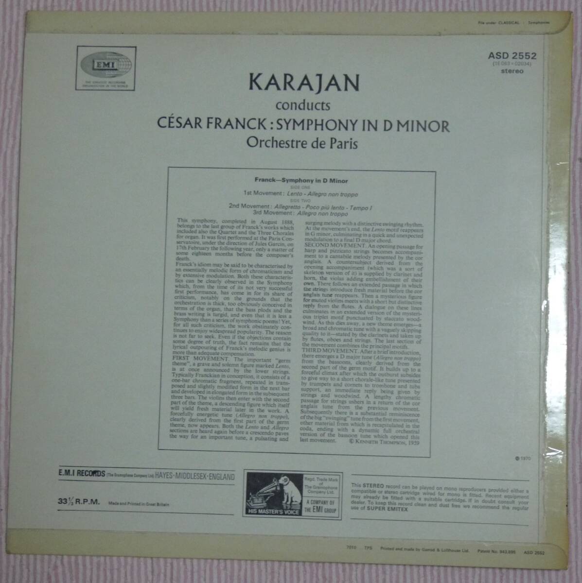 フランク：交響曲ニ短調 カラヤン / パリ管弦楽団 英 EMI：ASD-2552の画像2