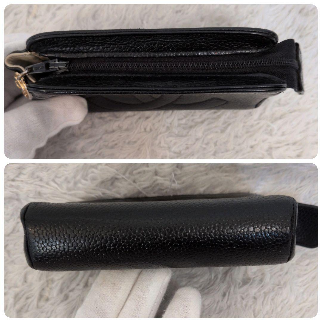 CHANEL キャビアスキン レザーポーチ ブラック ココマーク チャーム付 ヴィンテージ ステッチ 黒 レディース スクエア 本革 小物入れ  _画像4