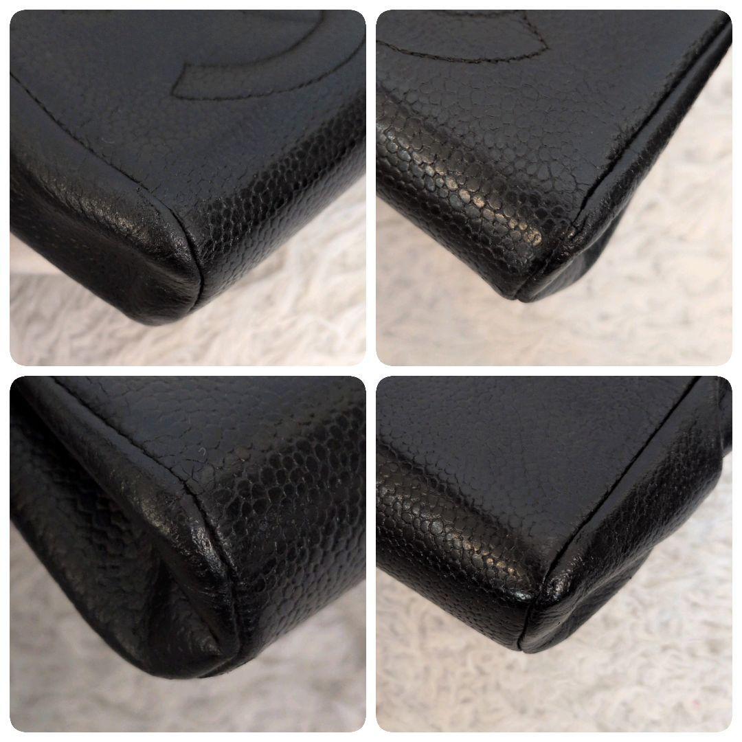 CHANEL キャビアスキン レザーポーチ ブラック ココマーク チャーム付 ヴィンテージ ステッチ 黒 レディース スクエア 本革 小物入れ  _画像5