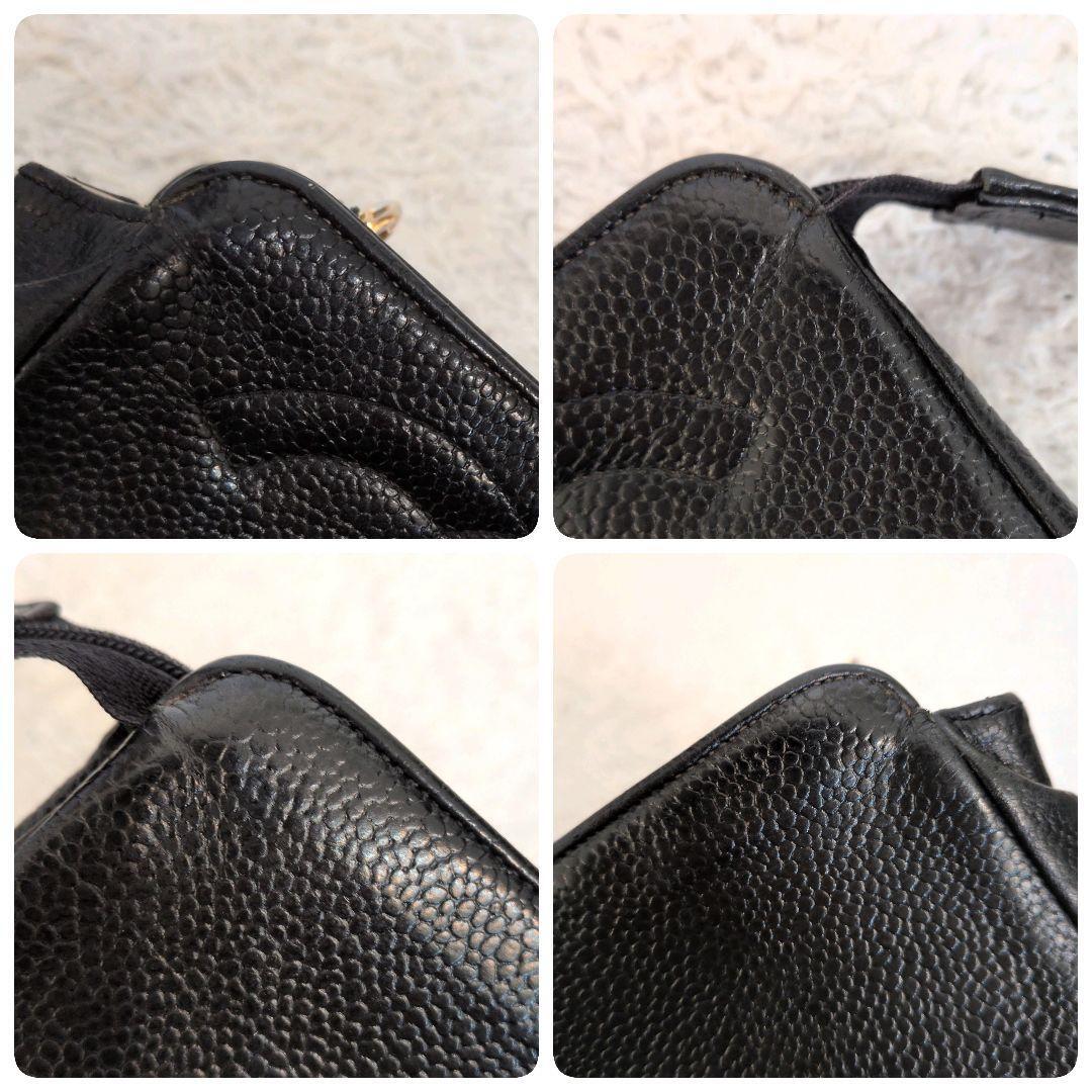 CHANEL キャビアスキン レザーポーチ ブラック ココマーク チャーム付 ヴィンテージ ステッチ 黒 レディース スクエア 本革 小物入れ  _画像6