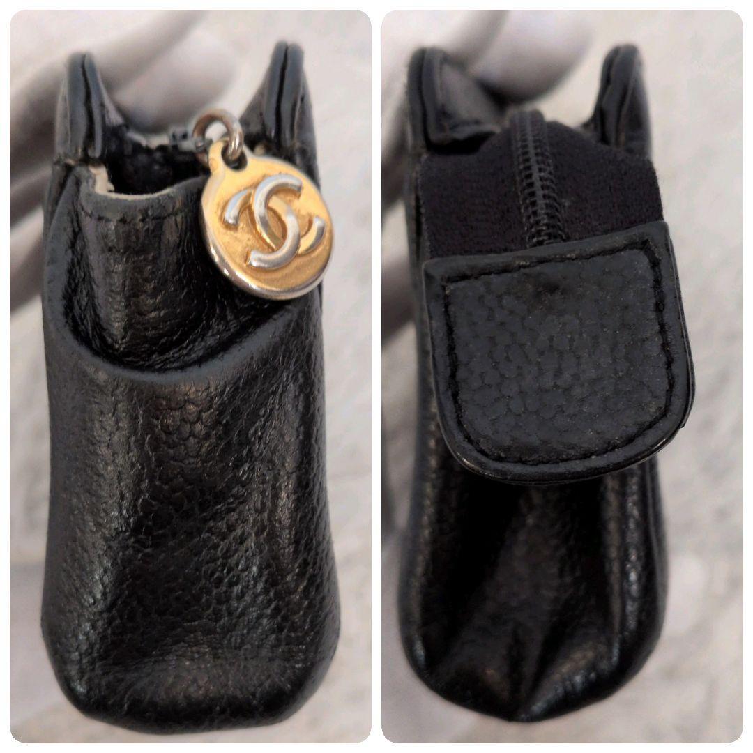 CHANEL キャビアスキン レザーポーチ ブラック ココマーク チャーム付 ヴィンテージ ステッチ 黒 レディース スクエア 本革 小物入れ  _画像7