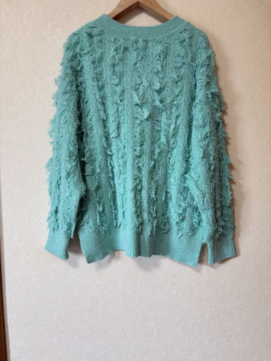 新品☆INDIVI大きいサイズ13 「洗える」フリンジ ジャカードニット セーター ミントグリーン 綺麗色_画像7