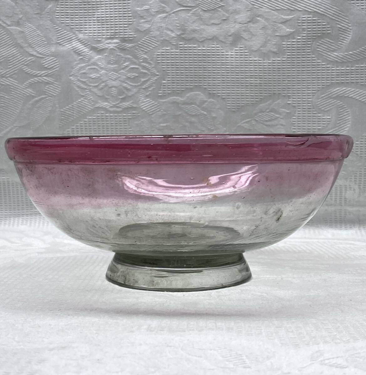 時代 古ガラス 鉢 明治 大正 ウランガラス ガラスボウル 赤縁_画像9