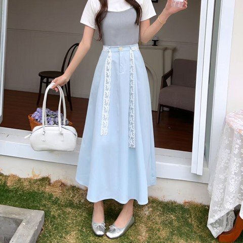 ロングスカート フリルスカート シンプル カジュアル きれいめ お出かけ レディース フリー イエロー