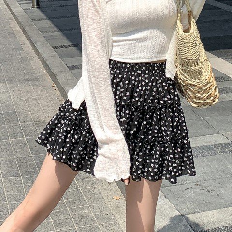 花柄ミニスカート デザイン 韓國ファッション かわいい レディース S ホワイト