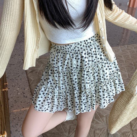 花柄ミニスカート デザイン 韓國ファッション かわいい レディース S ホワイト