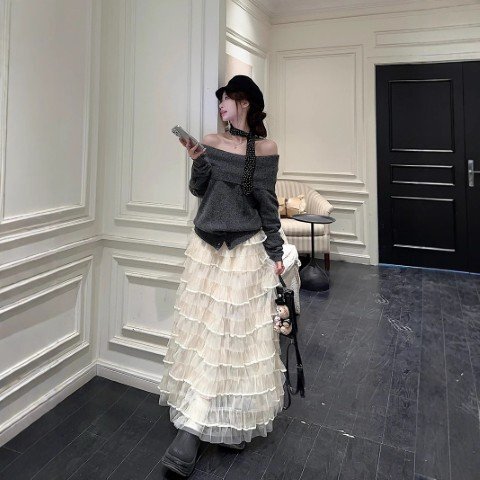 バレエコアチュールスカート ロングスカート フリル きれいめ シンプル カジュアル かわいい レディース M オフホワイト