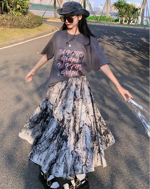 ロングスカート フレアスカート 柄スカート お出かけ シンプル カジュアル レディース 4XL ブラック