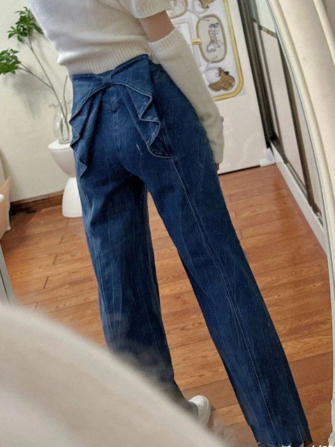 ジーパン ジーンズ ストレートパンツ ロングパンツ フリル かわいい お出かけ レディース 2XL ブルー