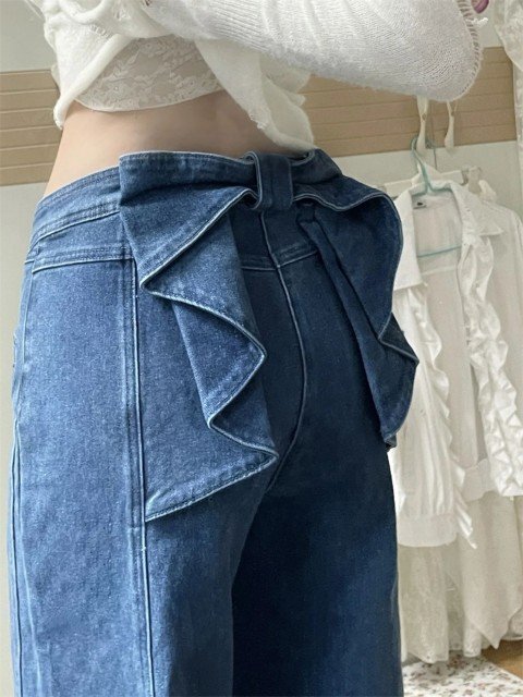 ジーパン ジーンズ ストレートパンツ ロングパンツ フリル かわいい お出かけ レディース 2XL ブルー