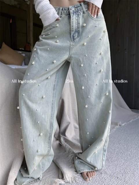 ロングパンツ スラックス ワイドパンツ ジーンズ M ブルー