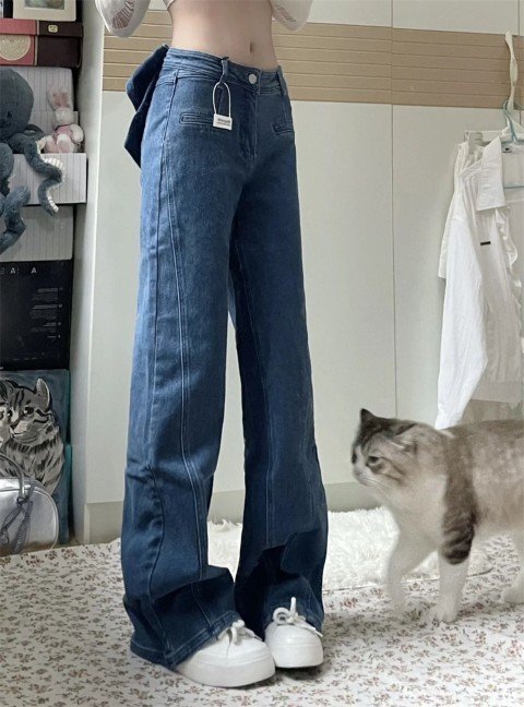 ジーパン ジーンズ ストレートパンツ ロングパンツ フリル かわいい お出かけ レディース 2XL ブルー