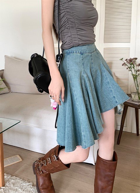 デニムスカート ミニスカート プリーツスカート シンプル カジュアル かわいい レトロ レディース S ブルー