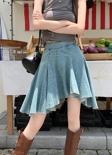 デニムスカート ミニスカート プリーツスカート シンプル カジュアル かわいい レトロ レディース S ブルー