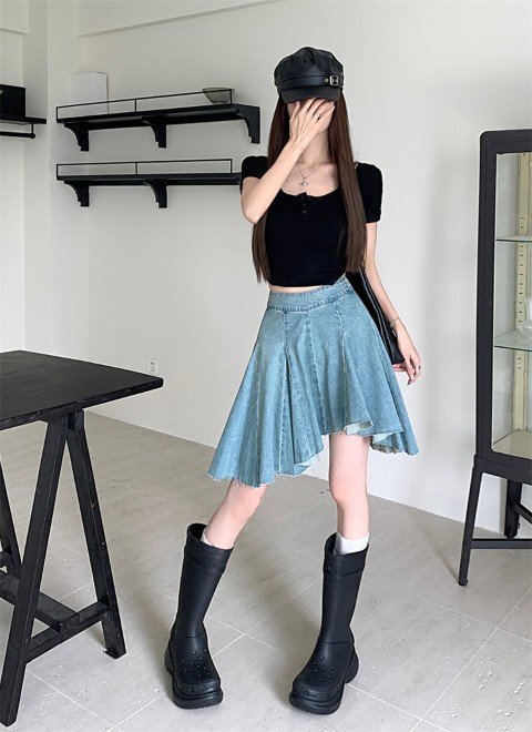 デニムスカート ミニスカート プリーツスカート シンプル カジュアル かわいい レトロ レディース S ブルー