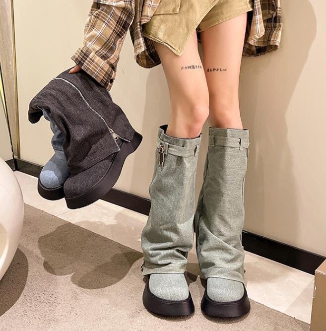  сапоги kau Boy ботинки толщина низ простой casual женская обувь [36]23cm голубой 