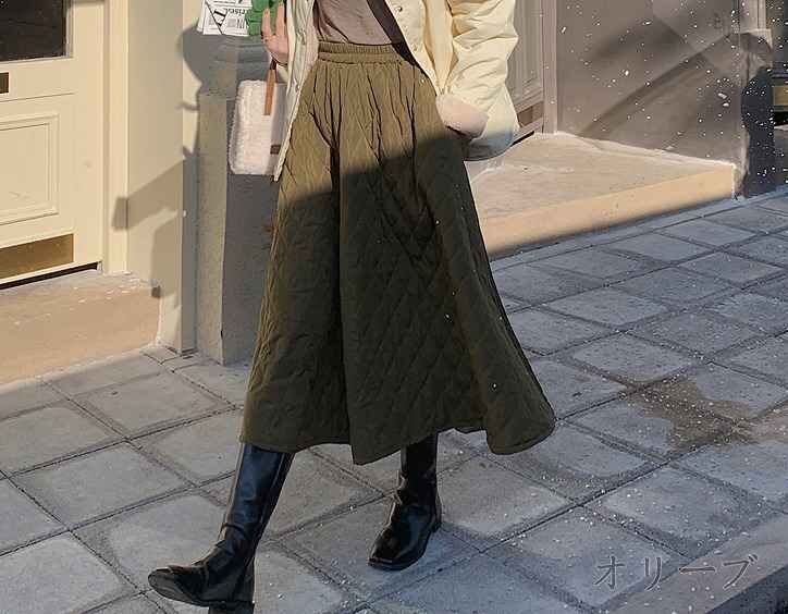 ロングスカート 厚手 ボトムス シンプル カジュアル 無地 秋冬 フリー オリーブ