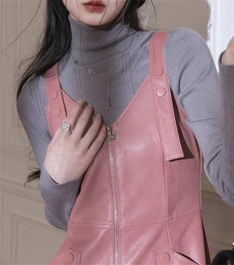 ジャンパースカート サスペンダースカート ロングスカート Ｖネック ジッパー L ワンカラー