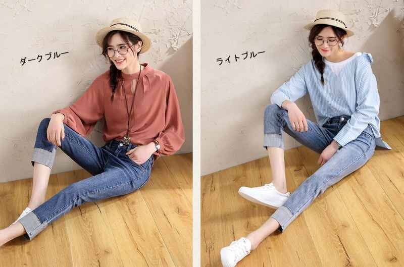 レディース ジーンズ ストレート クロップド デニム スタイリッシュ ロールアップ 30 ダークブルー