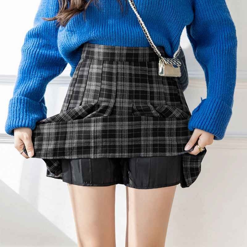 韓國(guó)風(fēng)チェック柄プリーツミニスカート S ブラック