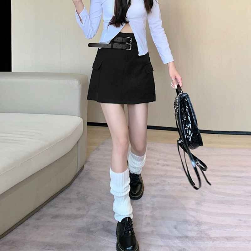 ミニスカート キュロットスカート タイトスカート 膝上丈 インナーパンツ付き S ブラック