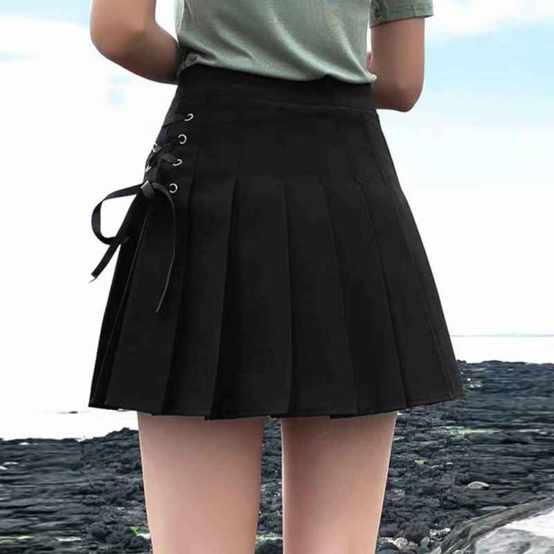 Aライン プリーツスカート レースアップ ミニスカート S ホワイト