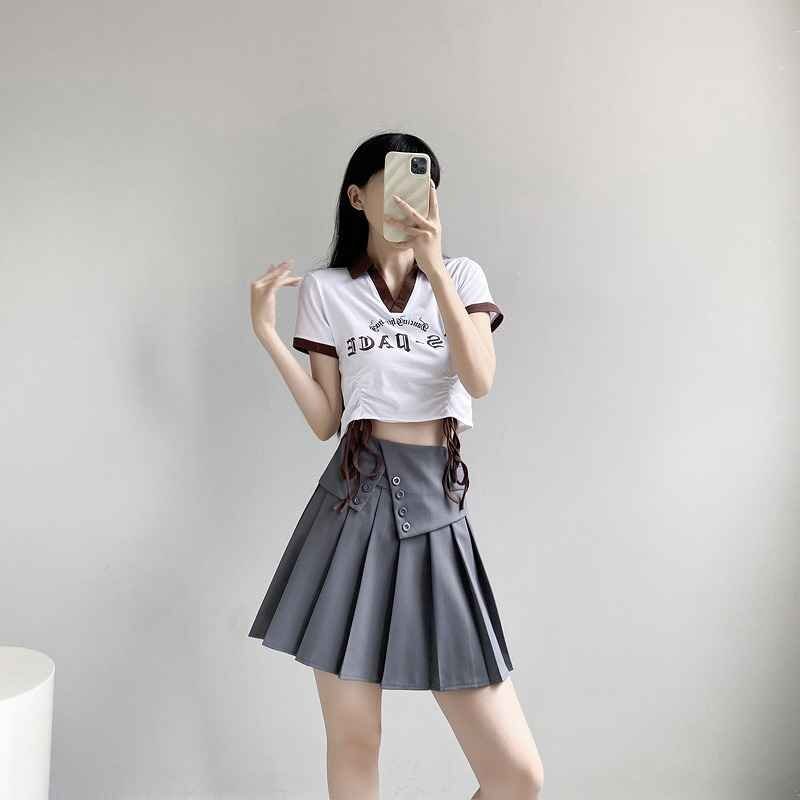 ミニスカート ハイウエスト プリーツスカート かわいい S グレー