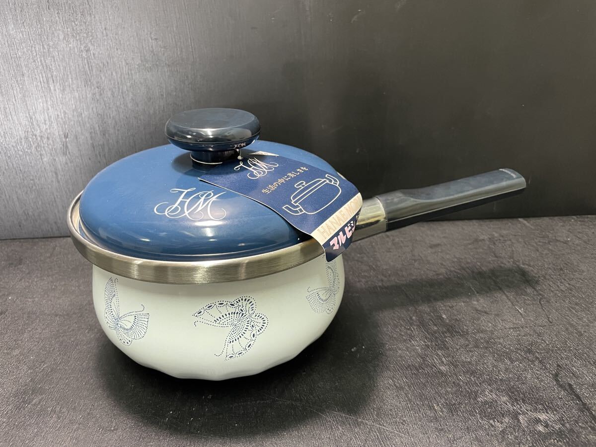 昭和レトロ HANAE MORI モリハナエ ホーロー鍋 セット 片手鍋 両手鍋 蝶柄 ブルー 調理器具 マルビシ MKS-B_画像4