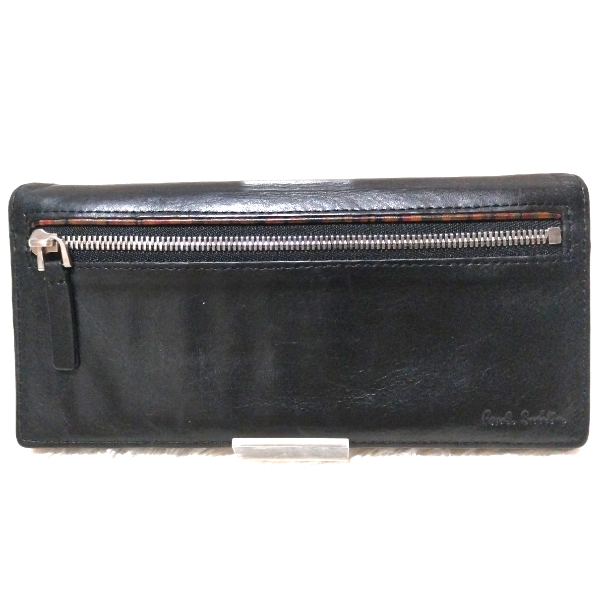 Paul Smith ポールスミス マルチストライプ 型押しロゴ レザー 二つ折り長財布 ロングウォレット ブラック 黒_画像2