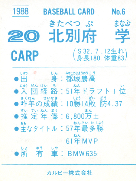 カルビー1988 北別府学(広島) レギュラーカード #6_画像2