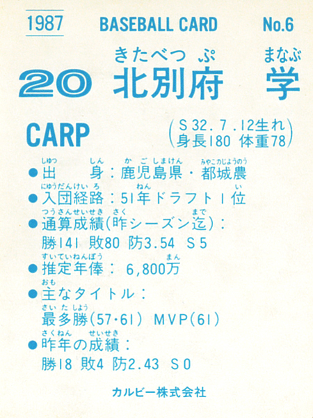 【極美品】カルビー1987 北別府学(広島) レギュラーカード #6_画像2